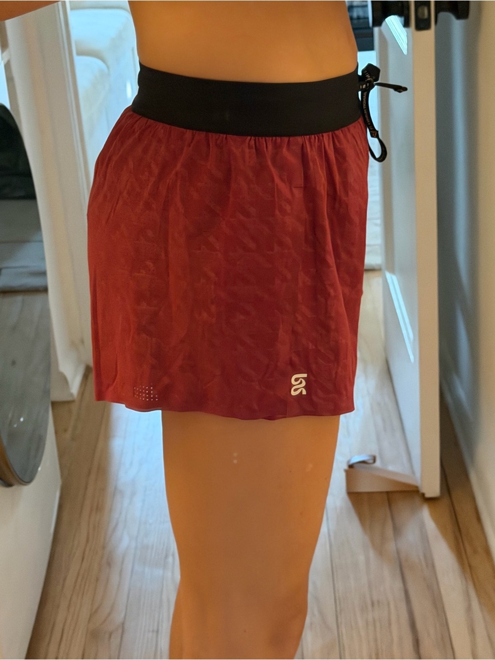 Women's Burgundy Athletic Shorts with Black Waistband - Picture 2 of 4